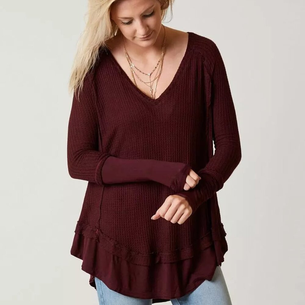 Free People Laguna Thermal Shirt- Wine/ Maroon